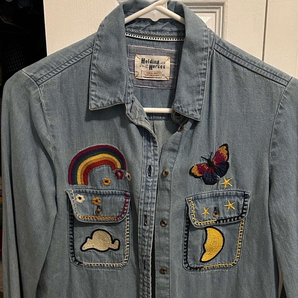Holding Horses Denim Shirt with Colorful Embroidery